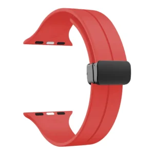 Red Rubber Apple Watch Band from Watch Straps Co with a black magnetic clasp